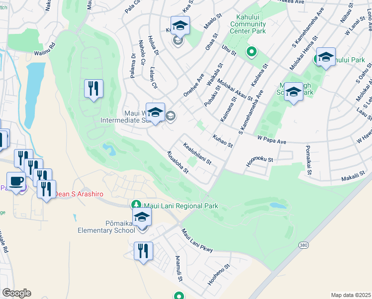 map of restaurants, bars, coffee shops, grocery stores, and more near 125 Kealohilani Street in Kahului