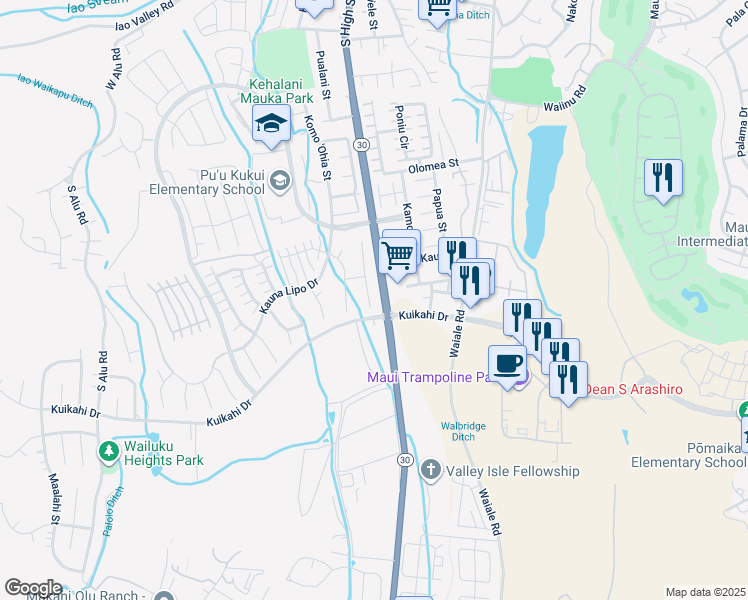 map of restaurants, bars, coffee shops, grocery stores, and more near 85 Hakalani Place in Wailuku