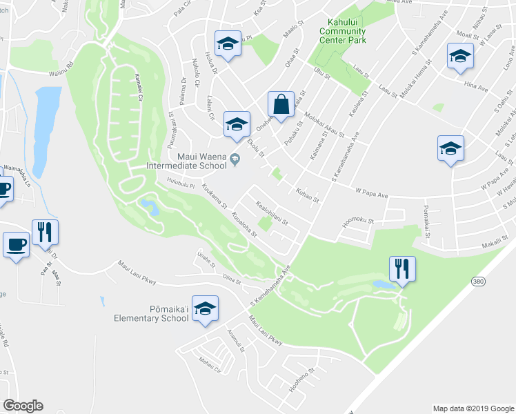 map of restaurants, bars, coffee shops, grocery stores, and more near 125 Kealohilani Street in Kahului