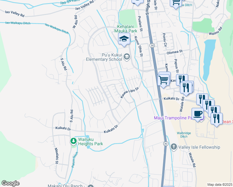 map of restaurants, bars, coffee shops, grocery stores, and more near 92 Kinohi Loa Street in Wailuku