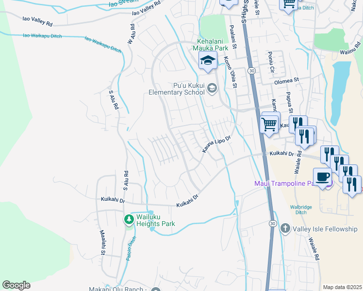 map of restaurants, bars, coffee shops, grocery stores, and more near 294 Maka Hou Loop in Wailuku