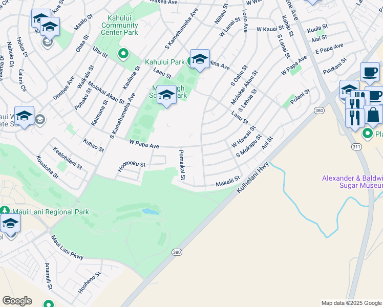 map of restaurants, bars, coffee shops, grocery stores, and more near 446 Kipuka Place in Kahului