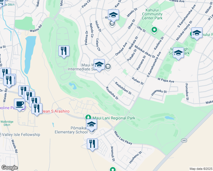 map of restaurants, bars, coffee shops, grocery stores, and more near 91 Kuukama Street in Kahului
