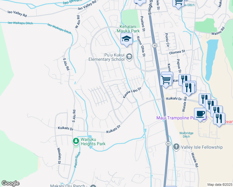 map of restaurants, bars, coffee shops, grocery stores, and more near 66 Kinohi Loa Street in Wailuku