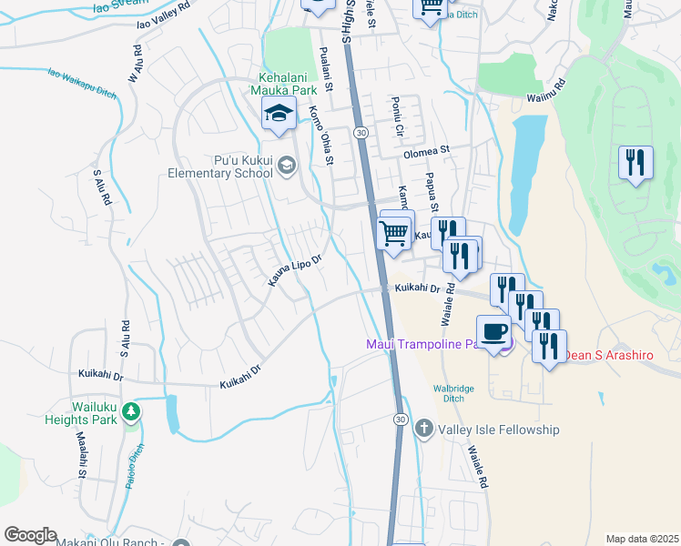 map of restaurants, bars, coffee shops, grocery stores, and more near 62 Maunaleo Place in Wailuku