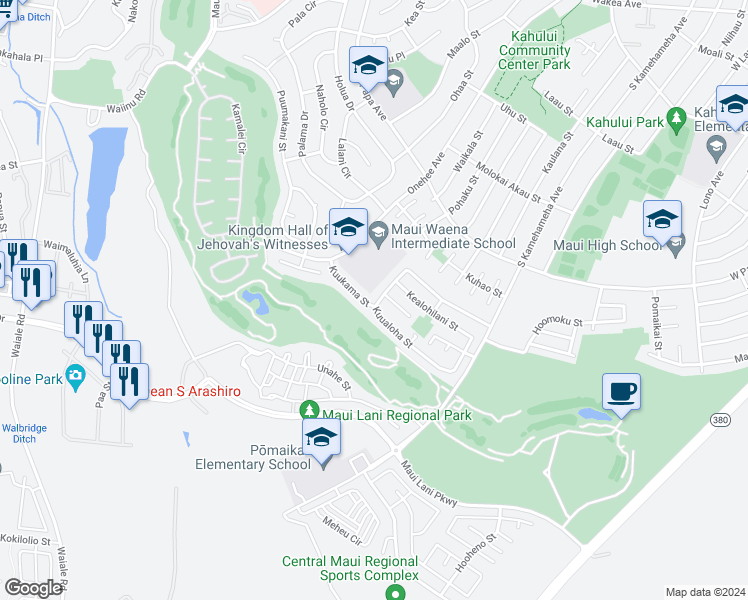 map of restaurants, bars, coffee shops, grocery stores, and more near 91 Kuukama Street in Kahului