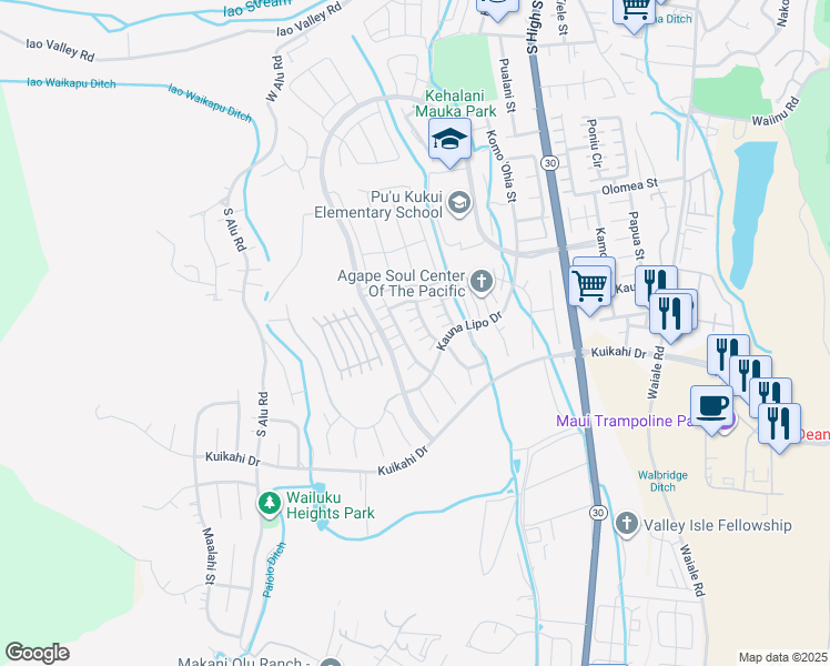 map of restaurants, bars, coffee shops, grocery stores, and more near 66 Kinohi Loa Street in Wailuku