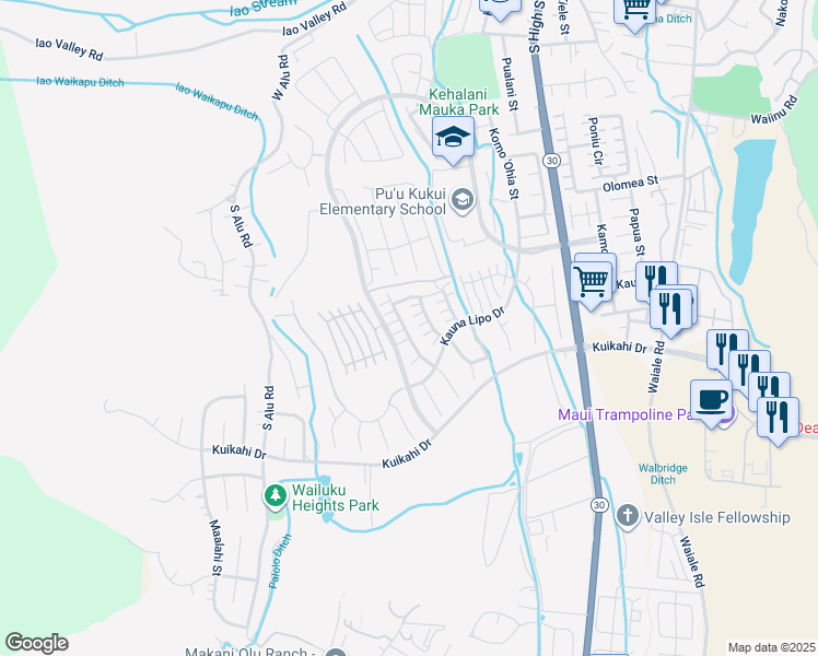 map of restaurants, bars, coffee shops, grocery stores, and more near 297 Maka Hou Loop in Wailuku