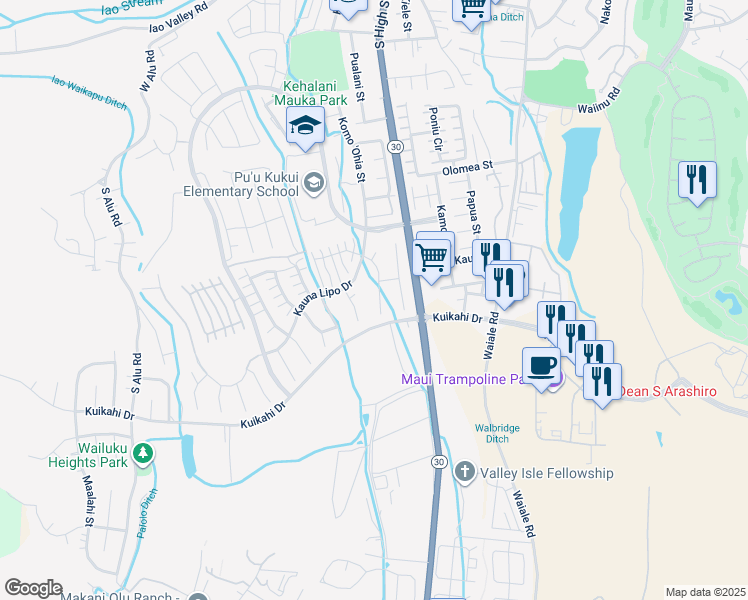 map of restaurants, bars, coffee shops, grocery stores, and more near 62 Maunaleo Place in Wailuku