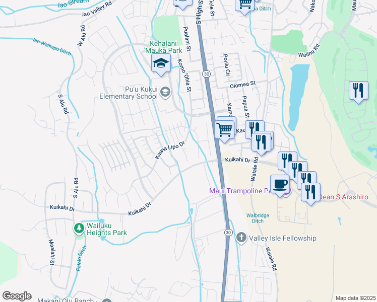 map of restaurants, bars, coffee shops, grocery stores, and more near 10 Leo'ole Way in Wailuku