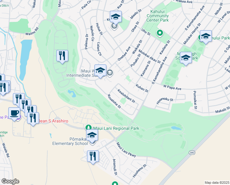 map of restaurants, bars, coffee shops, grocery stores, and more near 21 Kuuhale Place in Kahului