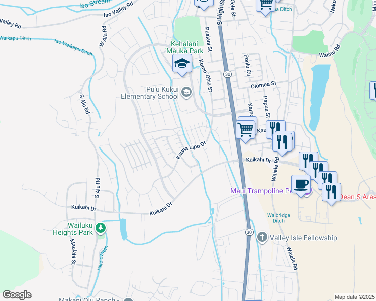 map of restaurants, bars, coffee shops, grocery stores, and more near 175 Kinohi Loa Loop in Wailuku