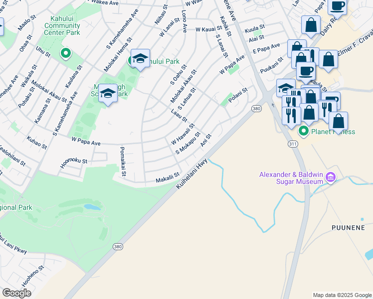 map of restaurants, bars, coffee shops, grocery stores, and more near 307 South Mokapu Street in Kahului
