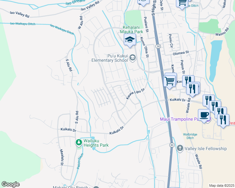 map of restaurants, bars, coffee shops, grocery stores, and more near 297 Maka Hou Loop in Wailuku