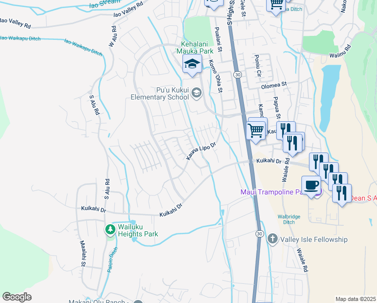 map of restaurants, bars, coffee shops, grocery stores, and more near 17 Maka Hou Loop in Wailuku