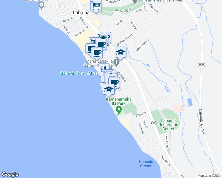 map of restaurants, bars, coffee shops, grocery stores, and more near Front Street in Lahaina