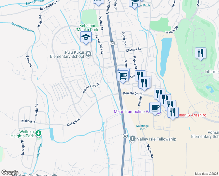 map of restaurants, bars, coffee shops, grocery stores, and more near 61 Maunaleo Place in Wailuku