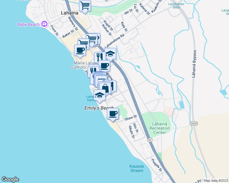 map of restaurants, bars, coffee shops, grocery stores, and more near 173 Waianae Place in Lahaina