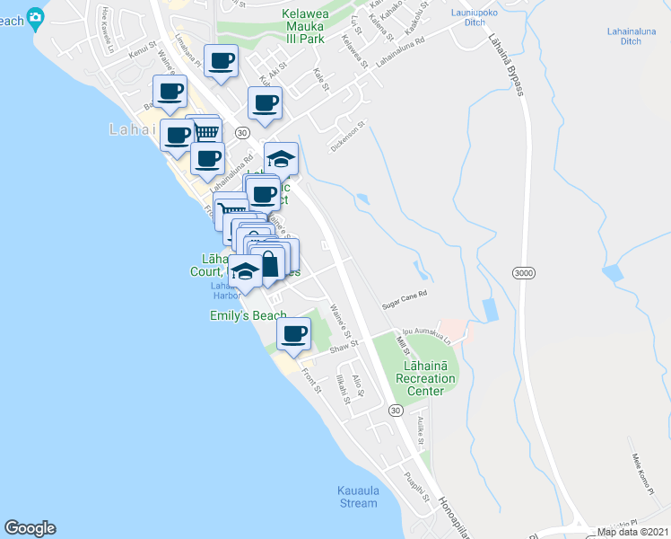 map of restaurants, bars, coffee shops, grocery stores, and more near 597 Prison Street in Lahaina