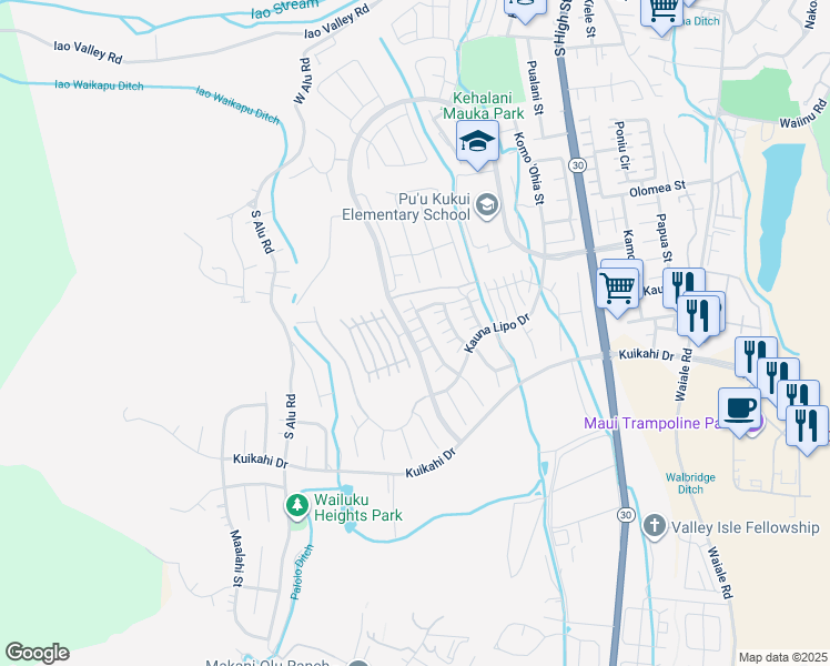 map of restaurants, bars, coffee shops, grocery stores, and more near 272 Maka Hou Loop in Wailuku