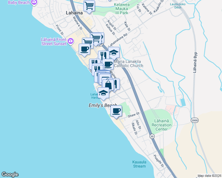 map of restaurants, bars, coffee shops, grocery stores, and more near 647 Luakini Street in Lahaina