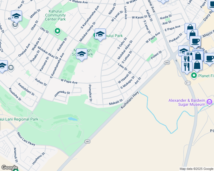 map of restaurants, bars, coffee shops, grocery stores, and more near 396 West Hawaii Street in Kahului