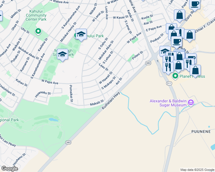 map of restaurants, bars, coffee shops, grocery stores, and more near 307 South Mokapu Street in Kahului