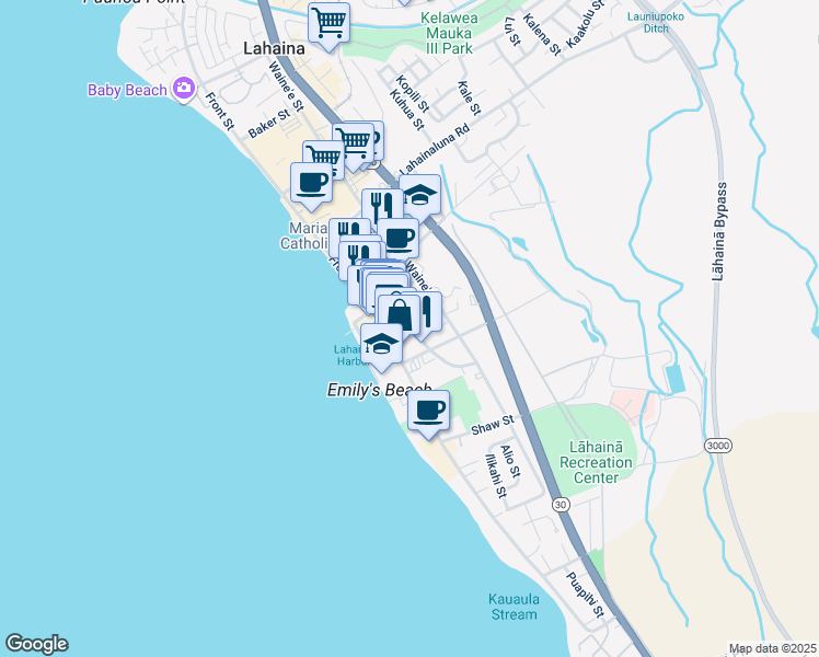 map of restaurants, bars, coffee shops, grocery stores, and more near 635 Luakini Street in Lahaina