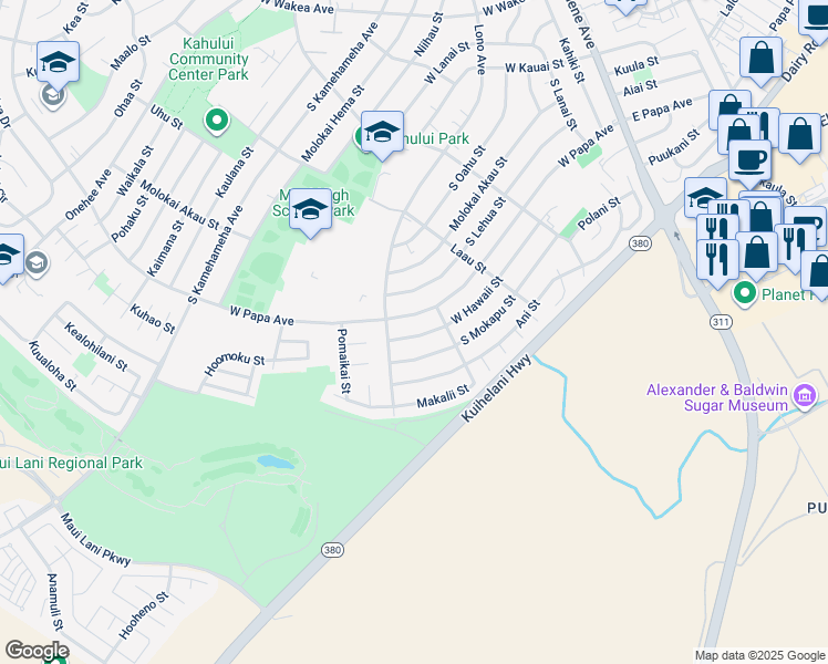 map of restaurants, bars, coffee shops, grocery stores, and more near 390 West Hawaii Street in Kahului
