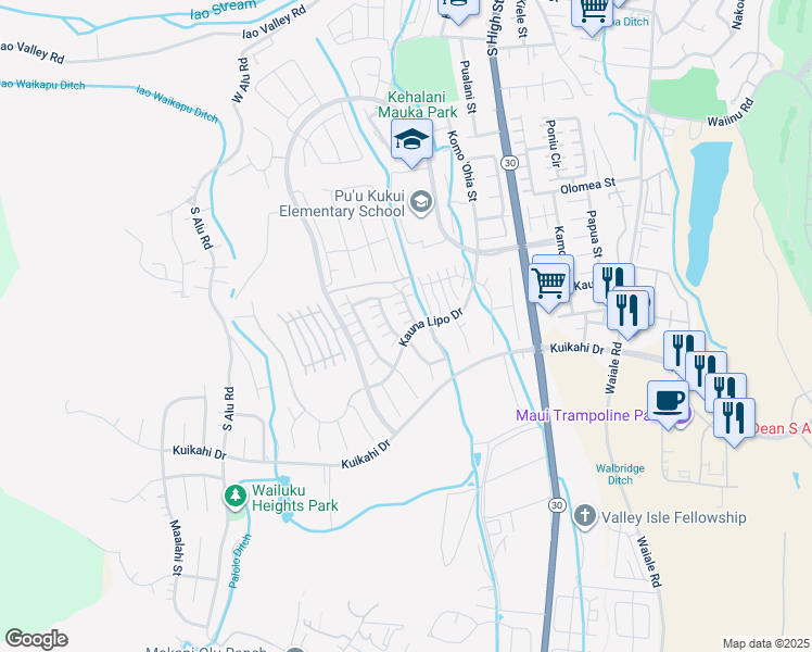 map of restaurants, bars, coffee shops, grocery stores, and more near 17 Maka Hou Loop in Wailuku