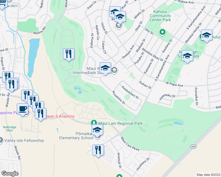 map of restaurants, bars, coffee shops, grocery stores, and more near 77 Kuukama Street in Kahului