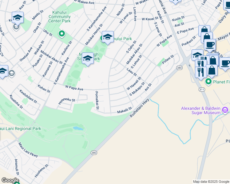 map of restaurants, bars, coffee shops, grocery stores, and more near 396 West Hawaii Street in Kahului