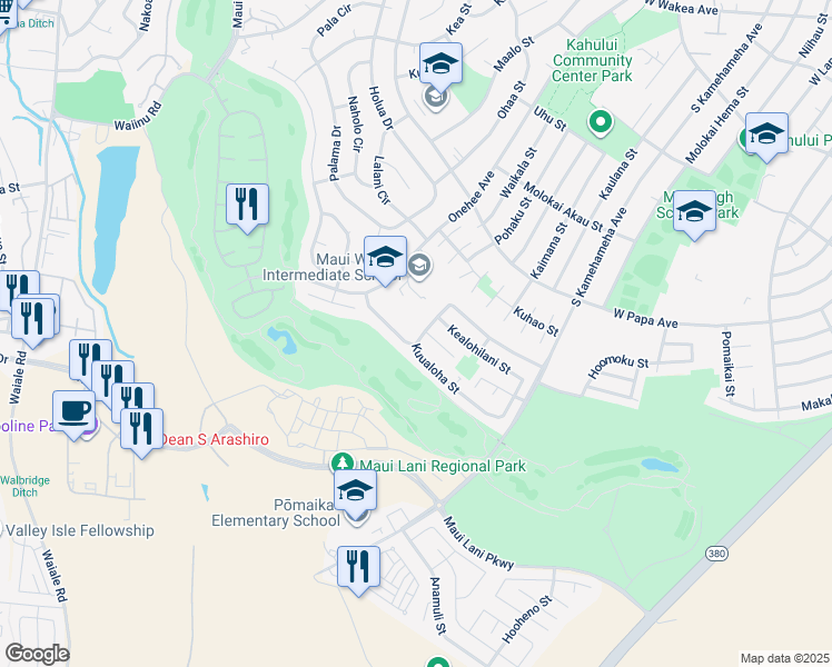 map of restaurants, bars, coffee shops, grocery stores, and more near 193 Kuualoha Street in Kahului