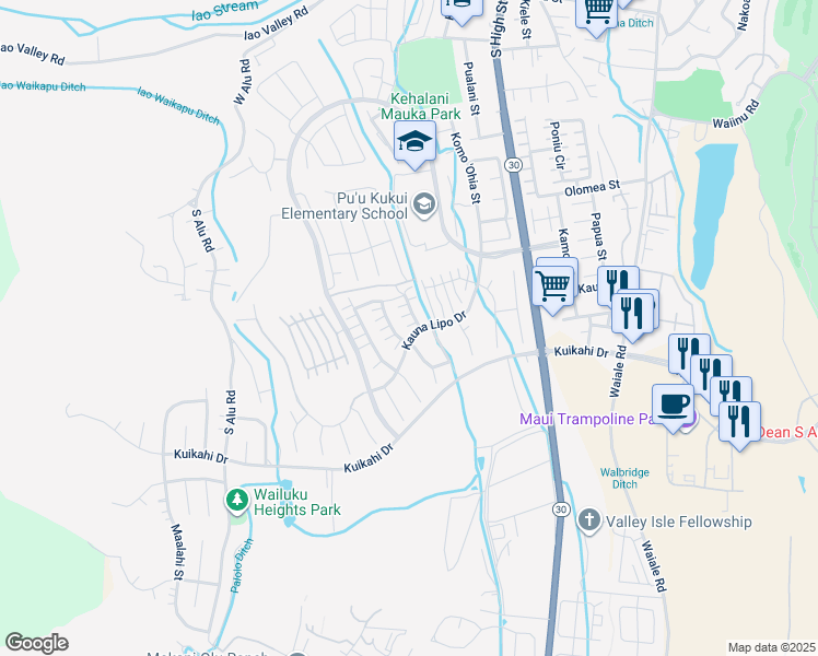 map of restaurants, bars, coffee shops, grocery stores, and more near 17 Maka Hou Loop in Wailuku