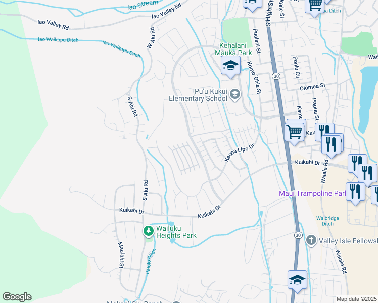 map of restaurants, bars, coffee shops, grocery stores, and more near 33 Kokea Street in Wailuku