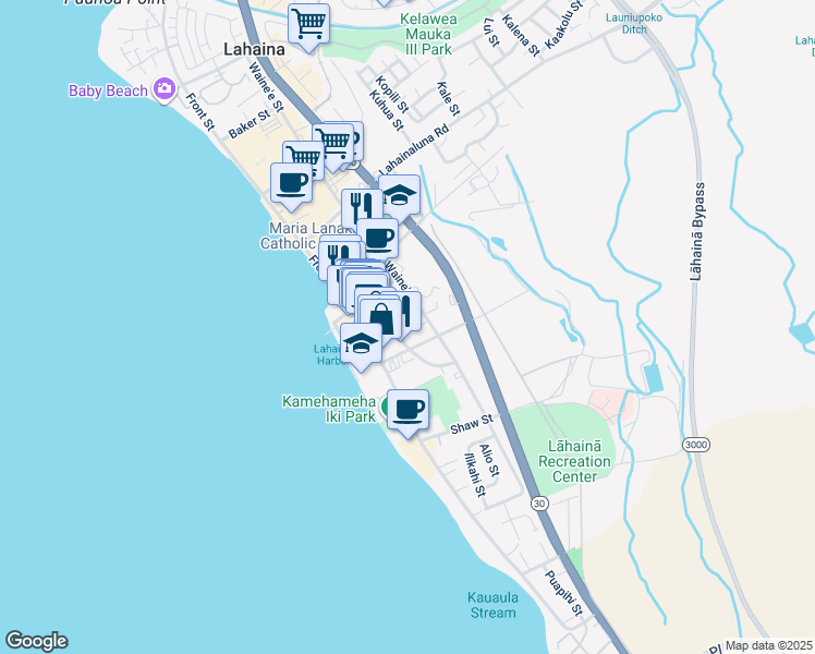 map of restaurants, bars, coffee shops, grocery stores, and more near 622 Luakini Street in Lahaina