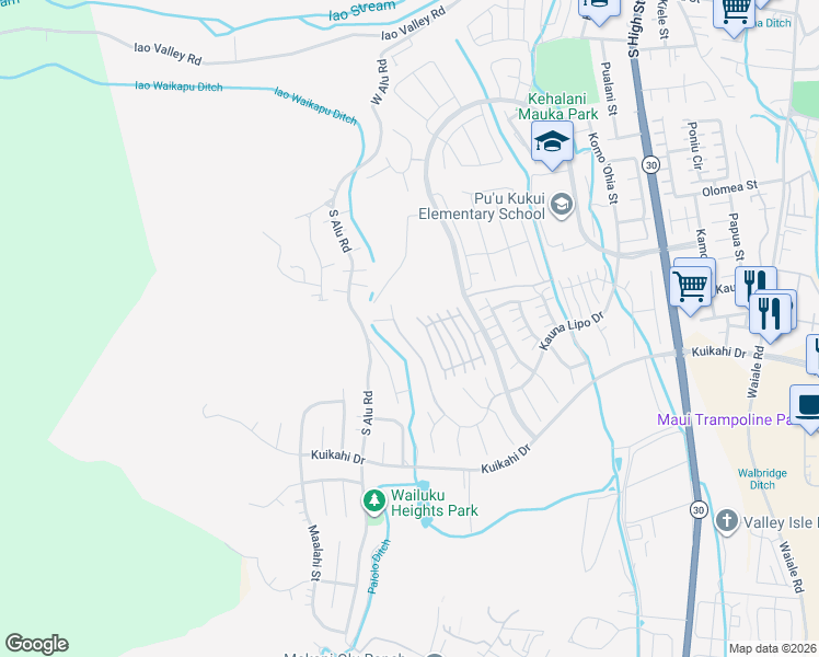 map of restaurants, bars, coffee shops, grocery stores, and more near 45 Laukona Street in Wailuku