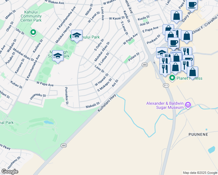 map of restaurants, bars, coffee shops, grocery stores, and more near 280 Ani Street in Kahului