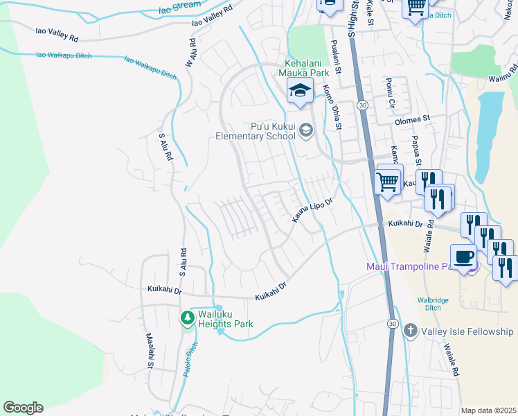 map of restaurants, bars, coffee shops, grocery stores, and more near 272 Maka Hou Loop in Wailuku