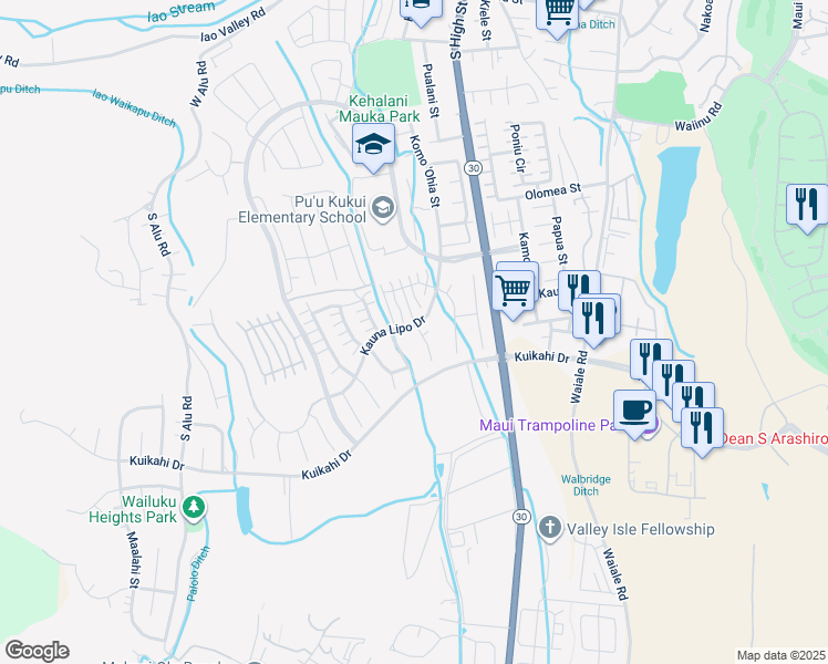 map of restaurants, bars, coffee shops, grocery stores, and more near 75 Kumulipo Place in Wailuku