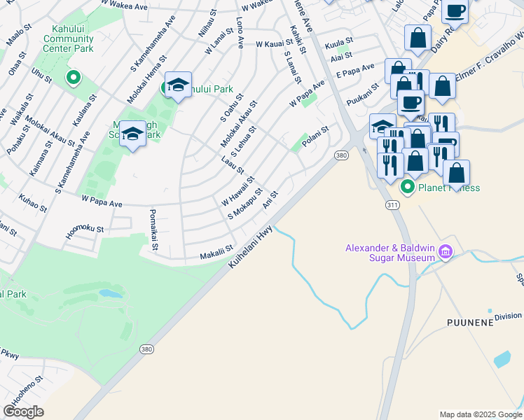 map of restaurants, bars, coffee shops, grocery stores, and more near Polu Place in Kahului