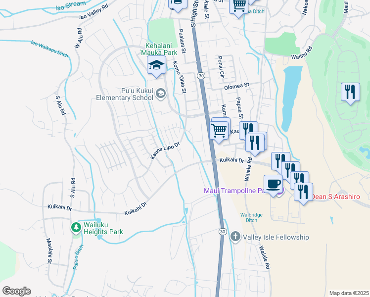 map of restaurants, bars, coffee shops, grocery stores, and more near 18 Leo'ole Way in Wailuku