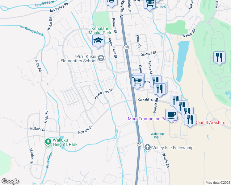 map of restaurants, bars, coffee shops, grocery stores, and more near 18 Leo'ole Way in Wailuku