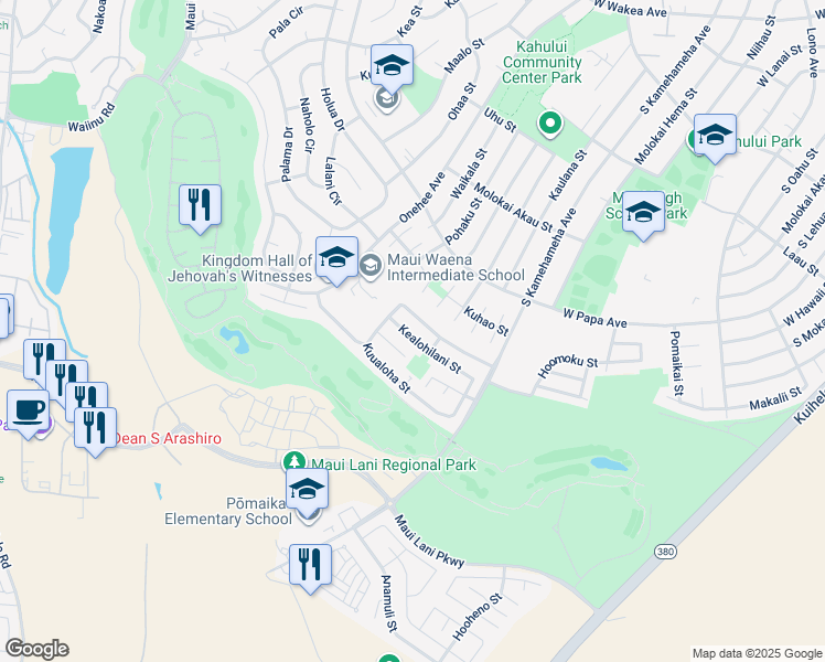 map of restaurants, bars, coffee shops, grocery stores, and more near 128 Kealohilani Street in Kahului