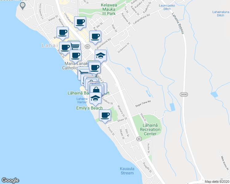 map of restaurants, bars, coffee shops, grocery stores, and more near 225 Prison Street in Lahaina