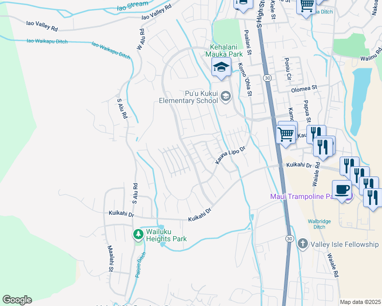 map of restaurants, bars, coffee shops, grocery stores, and more near 268 Maka Hou Loop in Wailuku