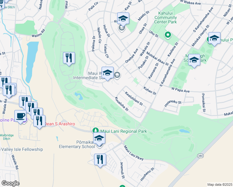 map of restaurants, bars, coffee shops, grocery stores, and more near 193 Kuualoha Street in Kahului