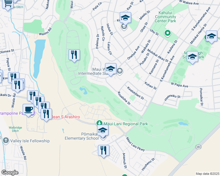 map of restaurants, bars, coffee shops, grocery stores, and more near 57 Kuukama Street in Kahului