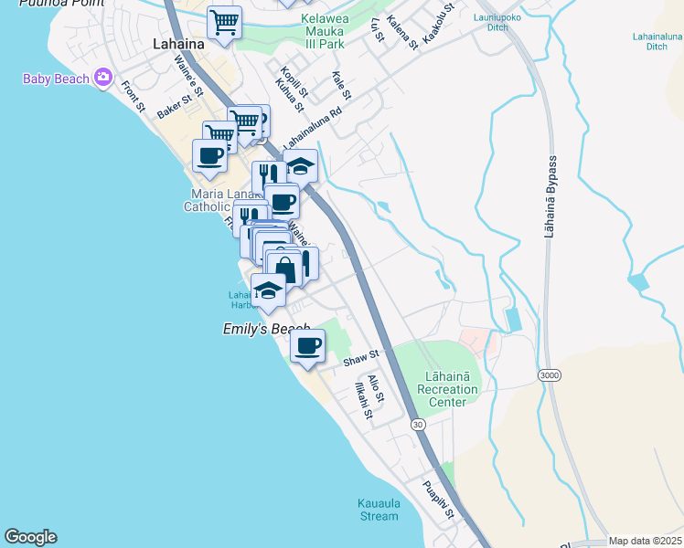 map of restaurants, bars, coffee shops, grocery stores, and more near 225 Prison Street in Lahaina
