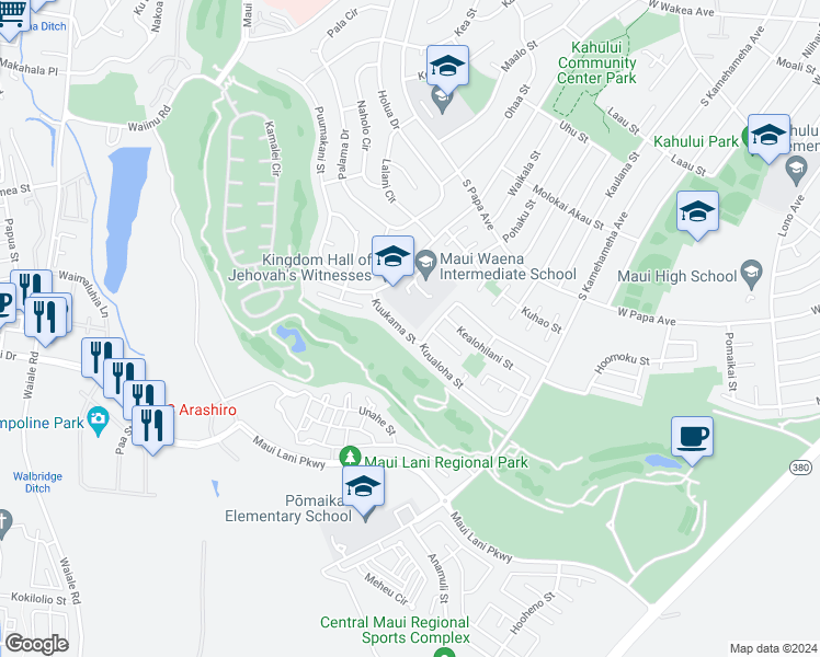 map of restaurants, bars, coffee shops, grocery stores, and more near 71 Kuukama Street in Kahului